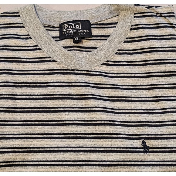 NEW Vintage Stock Polo Ralph Lauren Men's Gray & Black Striped Crew T-Shirt XL - Picture 1 of 7